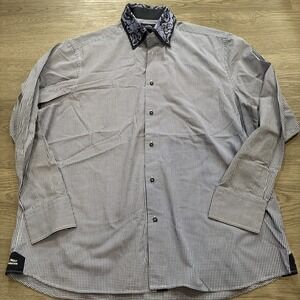 Men's Max Lauren Designer Blue Gingham Floral Collar Button Down Shirt, Size 2XL